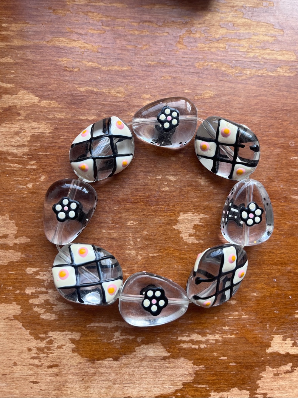 Clear Glass Bead Stretch Bracelet with Black & White Floral Accents